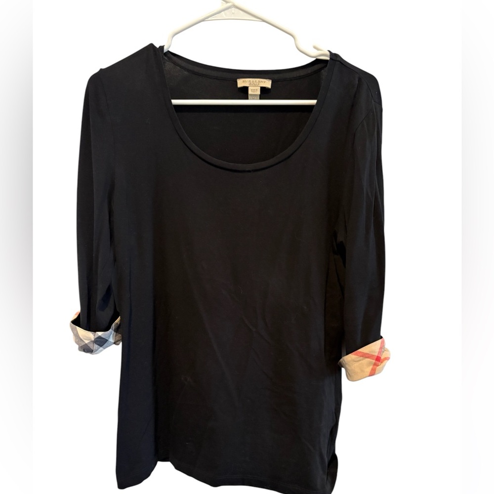 Burberry Brit women's size medium black blouse with signature checkered sleeves